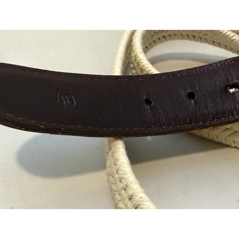 Vintage Torino brown leather belt 40 Solid Brass Buckle Woven‎ Beige Braided